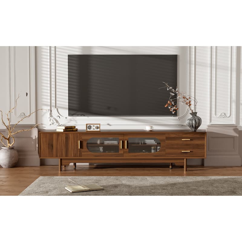 Roomfitters 78 Inch TV Stand for TVs up to 85 Inch, Media Console with Fluted Glass Doors, 2 Drawers & Solid Wood Legs, Walnut