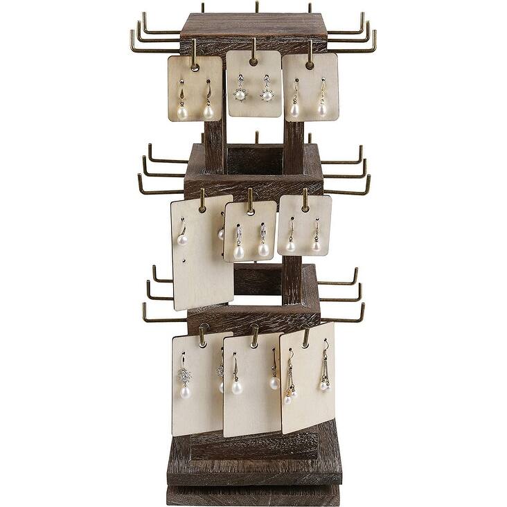 Natural Wood Rotating 36 Hooks Jewelry Tower - Coffee