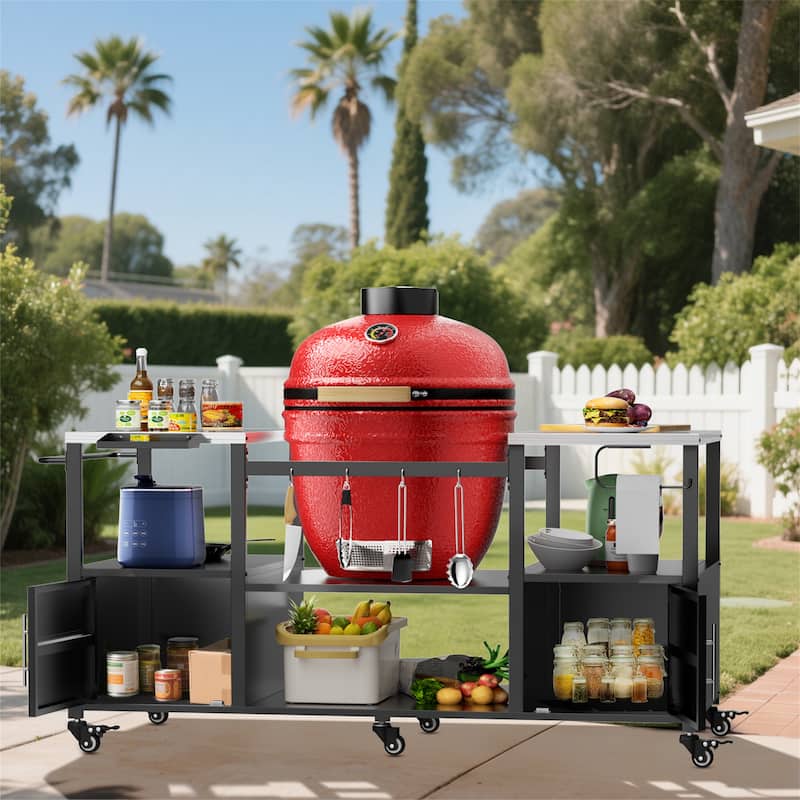 Big Green Egg Grill Table with Storage Box - Black+Silver