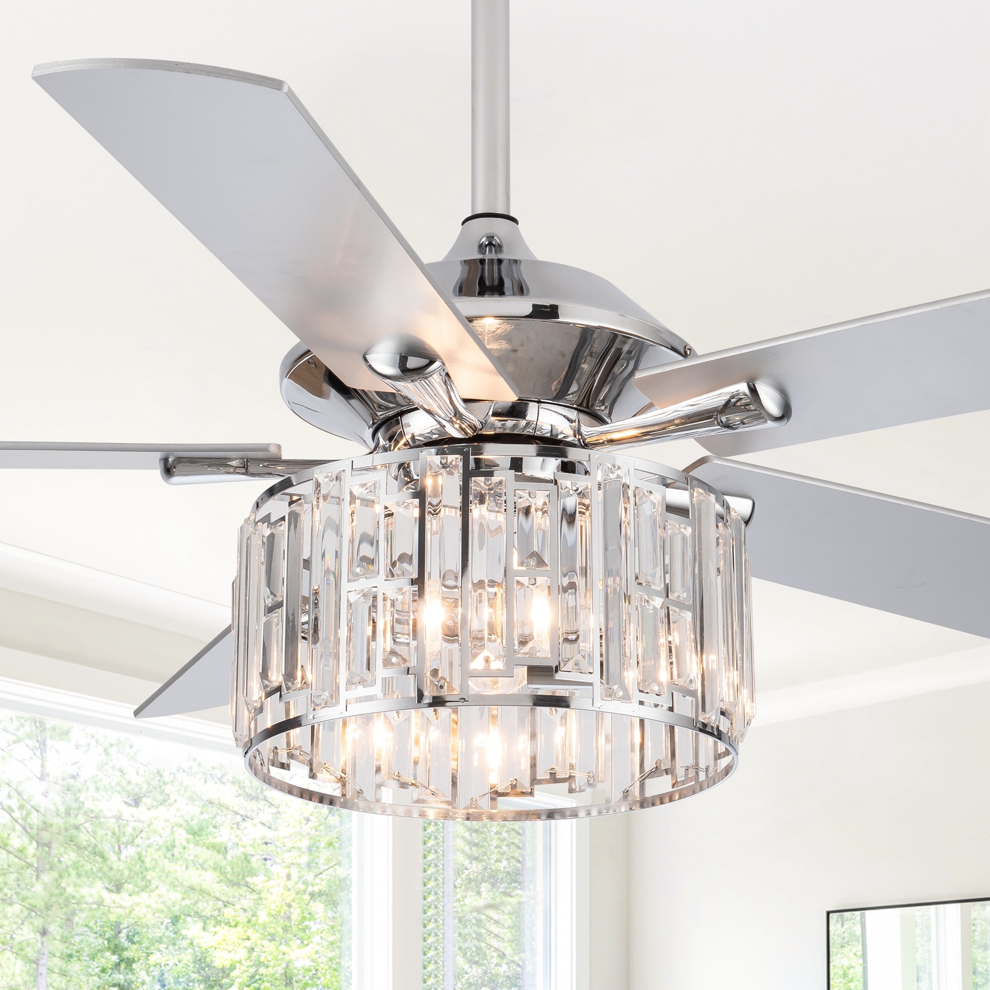 Parrot Uncle 52" Chrome Modern Bedroom Crystal Fandelier Ceiling Fan with Remote