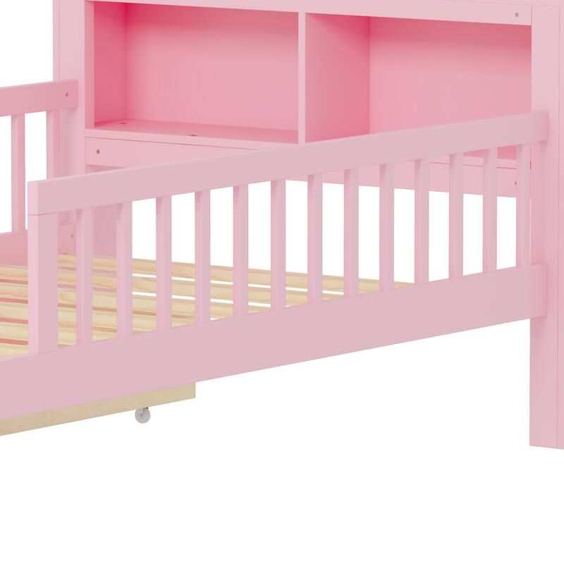 Safe Kids Bed Platform Bed Twin Size Wood Bed Frame with Storage Headboard and 2 Drawers Under, 3-Side Guardrails for Boys Girls