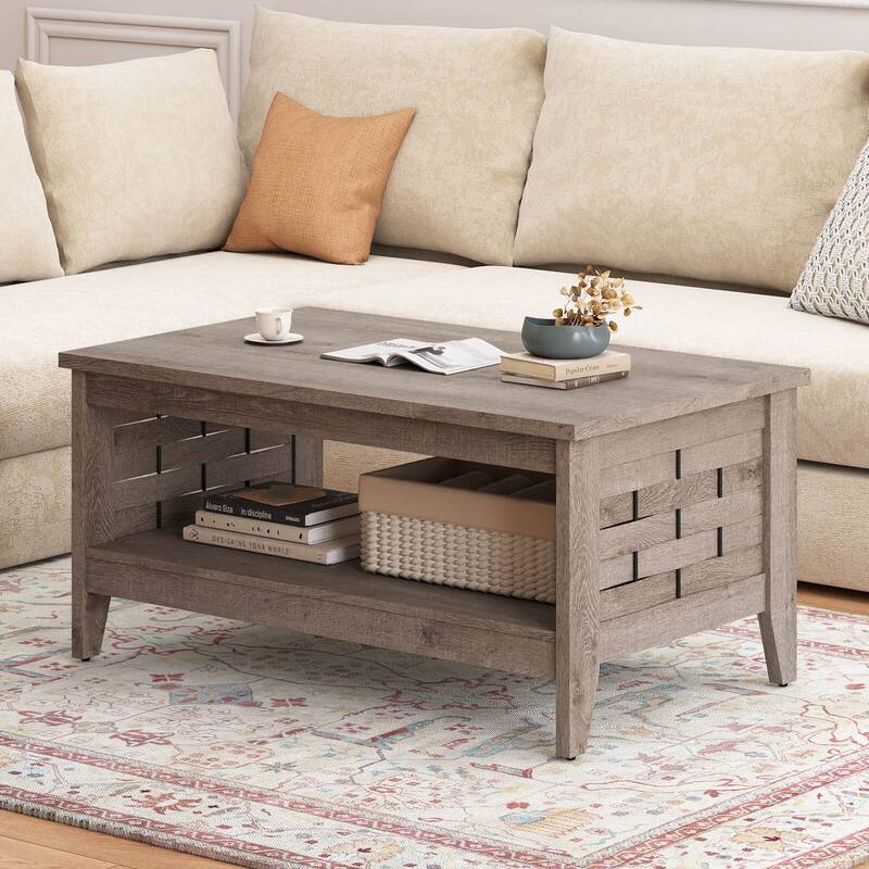 Costway 39.5” 2-Tier Coffee Table with Open Shelf Woven Decorations - See Details