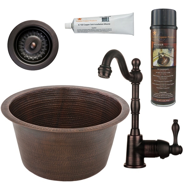Premier Copper Products BSP4_BR17DB-D Bar Sink, Faucet and Strainer Drain Package. Opens flyout.