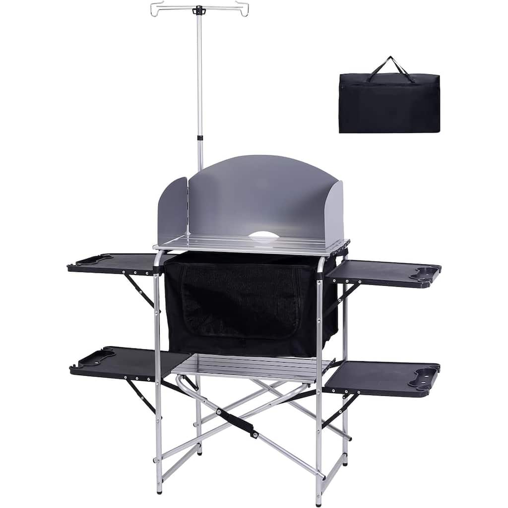 Camping Table, Camp Kitchen, Outdoor Cooking Station with Cabinet Storage, 4 Side-Table (Black)