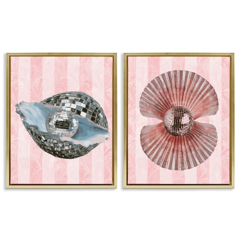 Stupell Pastel Disco Ball Sea Life Framed Floater Canvas Wall Art Design By Lil' Rue (Set of 2) - 17 x 21 - Gold