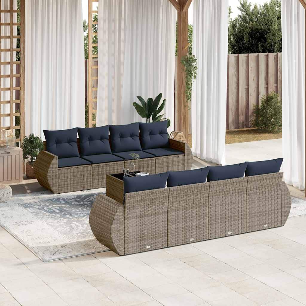 vidaXL 9 Piece Patio Sofa Set with Cushions Gray Poly Rattan - 98.6x27.2x98.6
