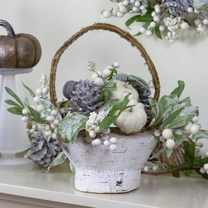 Gourds and Berries with Foliage in Fall Harvest Artificial Birch Basket - 13"