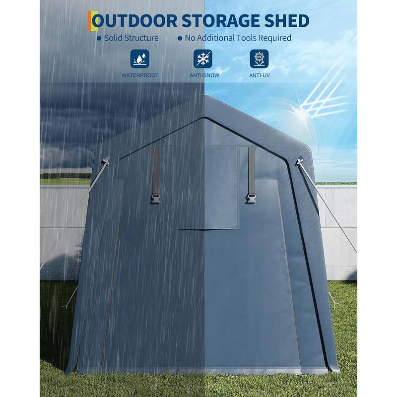 Outdoor Storage Shed, Portable Carport with Roll-Up Ventilated Zipper Door and Windows, Heavy Duty Waterproof Tarp - 7*15FT