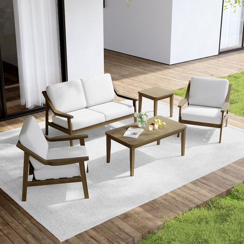 Outdoor Conversation Set Patio Cushioned Chair, Loveseat with Tables - Natural Wood - Beige