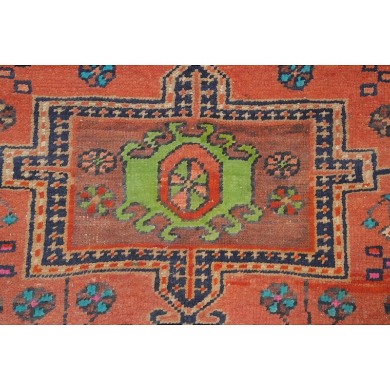 Hand Knotted Oriental 100% Wool Carpet Traditional Geometric Oranges & Rust Heriz Runner Rug - 8' 8'' X 3' 0''