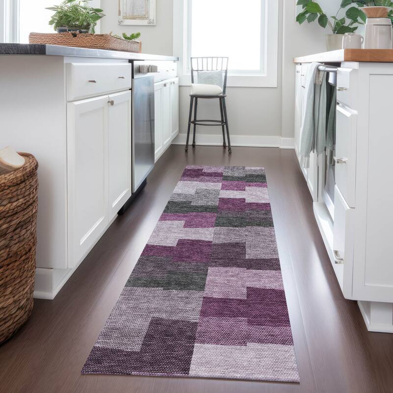 Machine Washable Indoor/ Outdoor Chantille Contemporary Blocks Rug - Merlot - 2'3" x 7'6"
