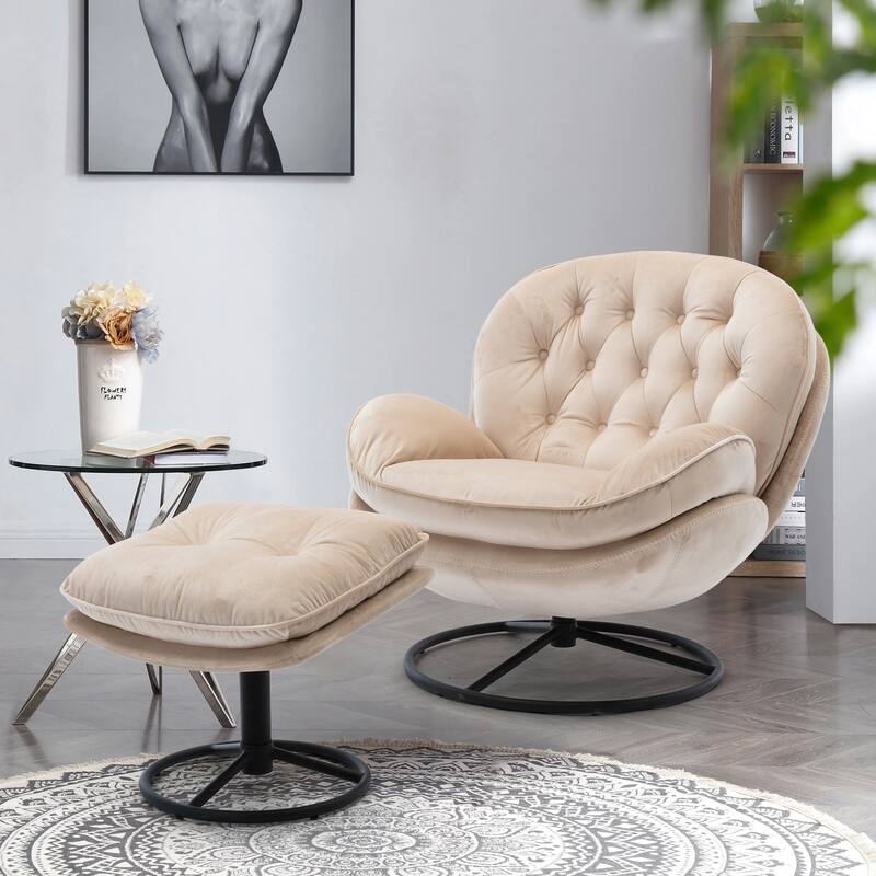 Velvet Swivel Accent Chair with Ottoman & Metal Legs (360° Rotation)