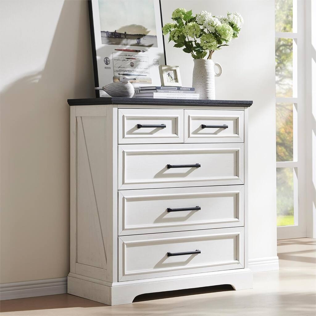 Farmhouse 5 Drawer Dresser for Bedroom, Modern Chest of Drawers