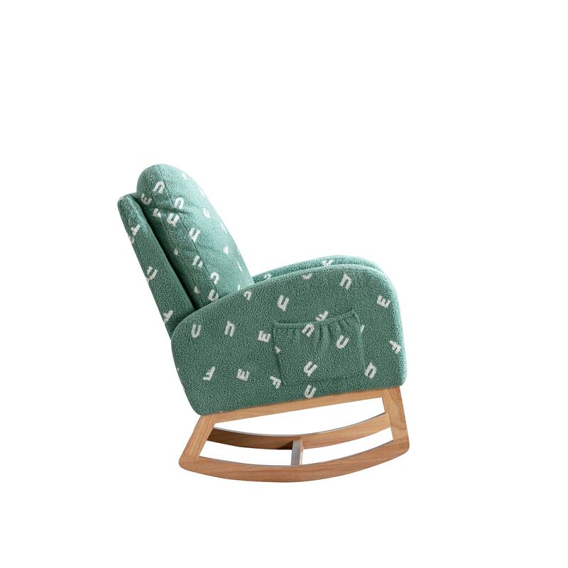 Modern Upholstered Rocker Armchair With Side Pocket, High Back Wooden Nursery Chair