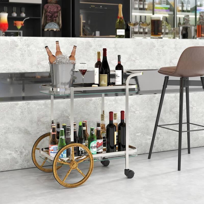 Gymax 2-Tier Serving Cart w/ Tempered Glass Shelves 2 Large Aluminum