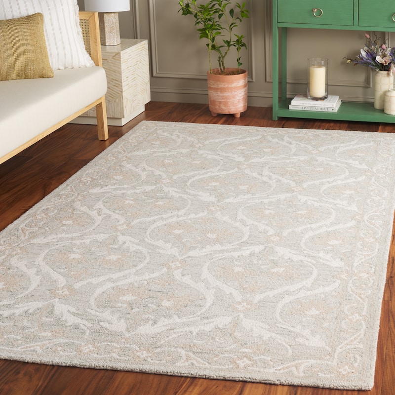 SAFAVIEH Handmade Blossom Luisete Ogee Wool Rug - 9' x 12' - Light Grey/Ivory