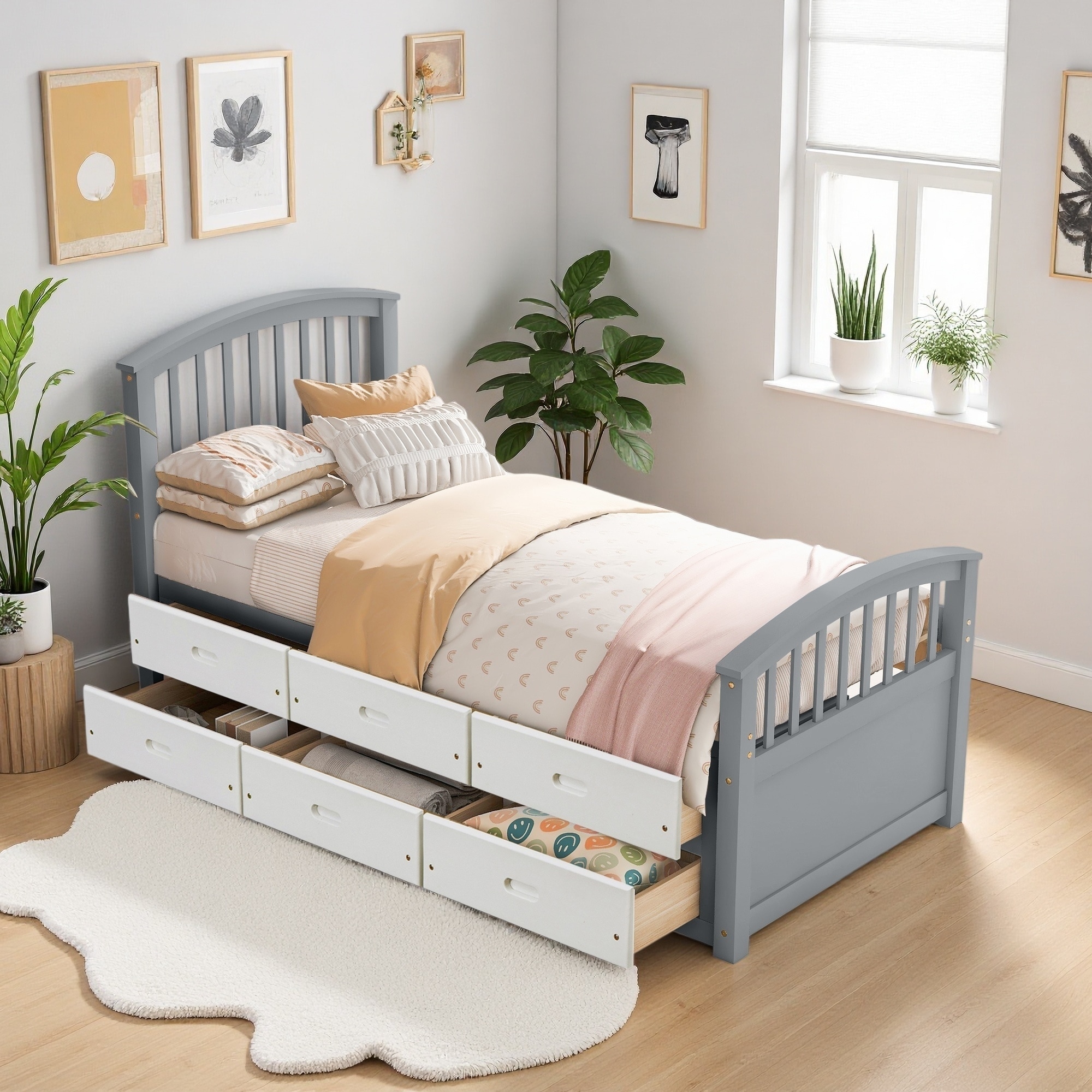 Twin Size Solid Wood Platform Storage Bed with 6 Drawers