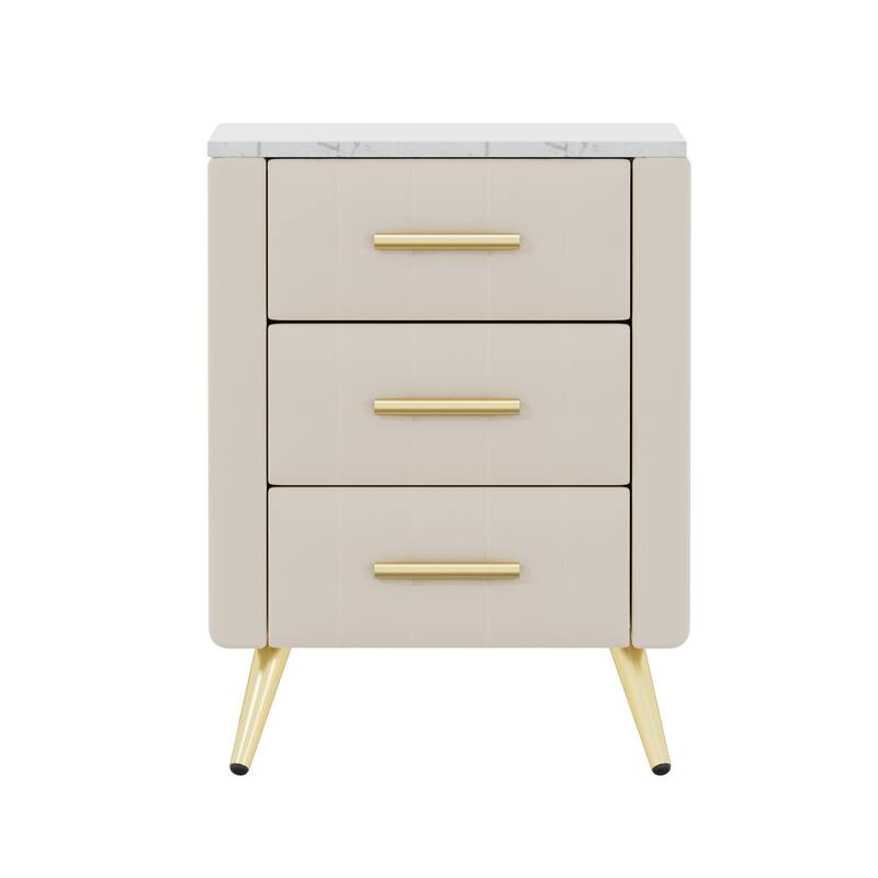Upholstered Wooden Nightstand with 3 Drawers and Metal Legs Handles, Bedside Table with Marbling Stickers Worktop
