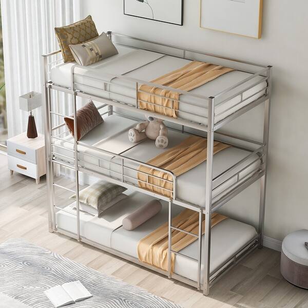 slide 2 of 18, Metal Triple Bunk Bed with Ladder & Guardrails Silver