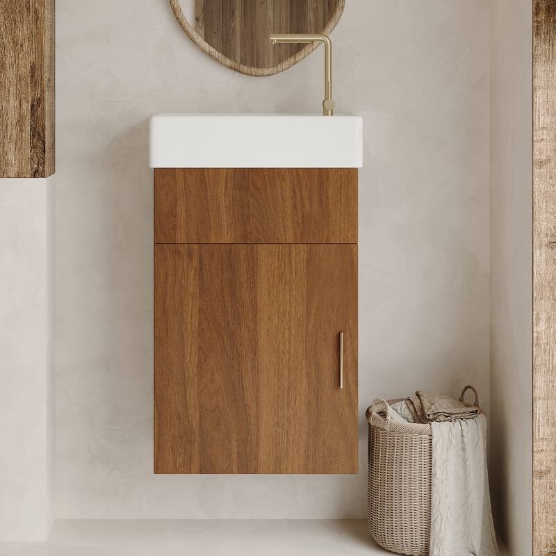 16.5" Modern Floating Bathroom Vanity - with Integrated Ceramic Basin & Storage, Wall-Mounted Vanity for Small Bathrooms - Walnut