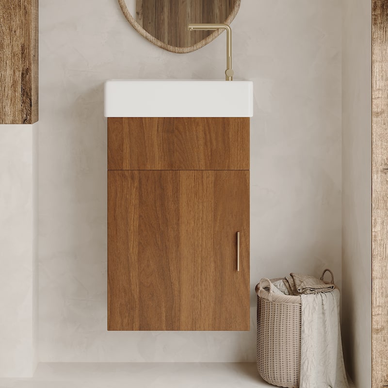 GDFStudio - Modern Compact 16.5" Floating Wall-Mounted Bathroom Vanity with Intergrated Ceramic Basin & Soft-Close Door