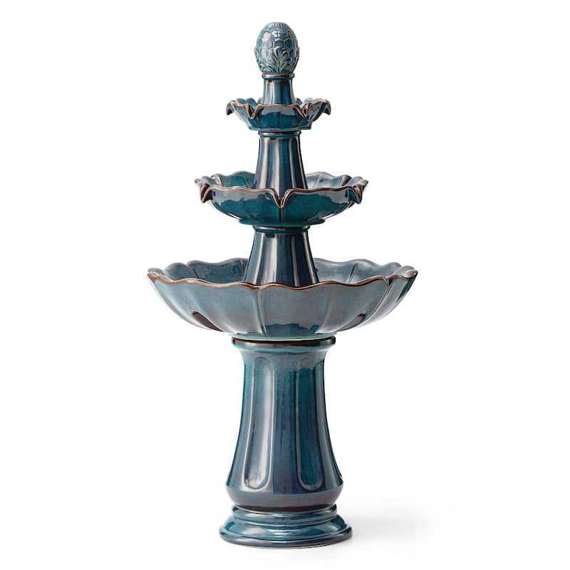 Glitzhome 45"H Oversized 3-Tier Pedestal Lotus Ceramic Resin Outdoor LED Fountains