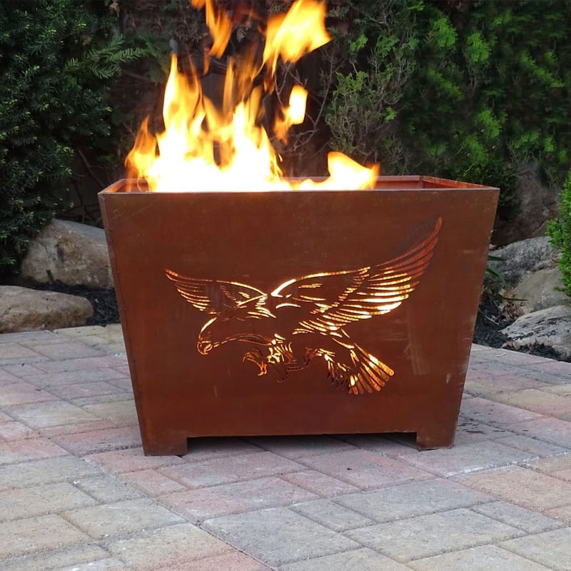 24" Brown Rustic Finish American Flag Eagle Square Outdoor Fire Basket