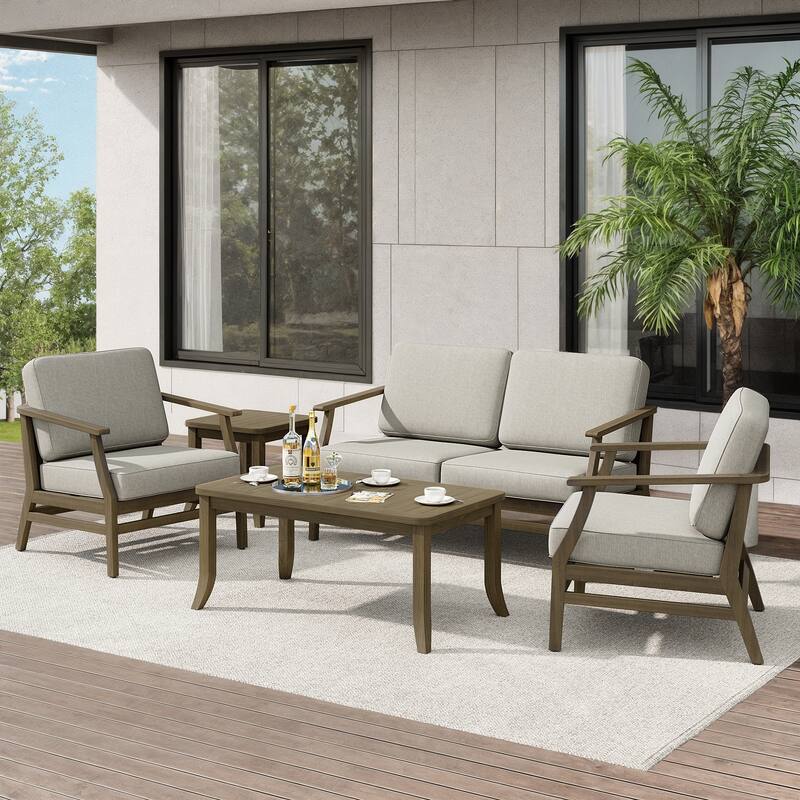 Teak Outdoor Patio Seating Set with Loveseat, Chairs and Tables (5-Piece) - Light Camel - Natural Wood