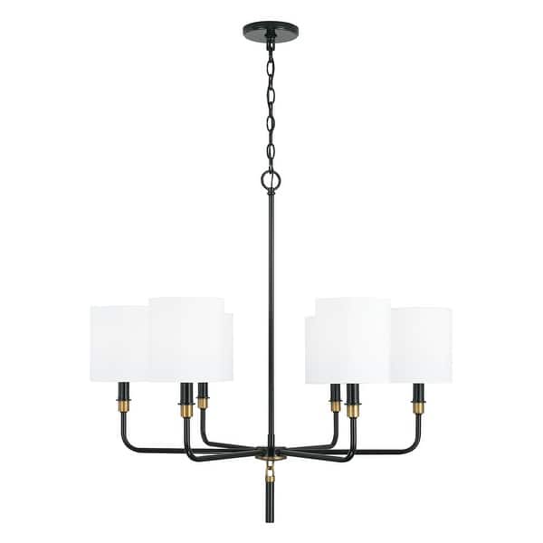 slide 2 of 4, Beckham 32" 6-light Glossy Black/ Aged Brass Chandelier w/ White Fabric Drum Shades