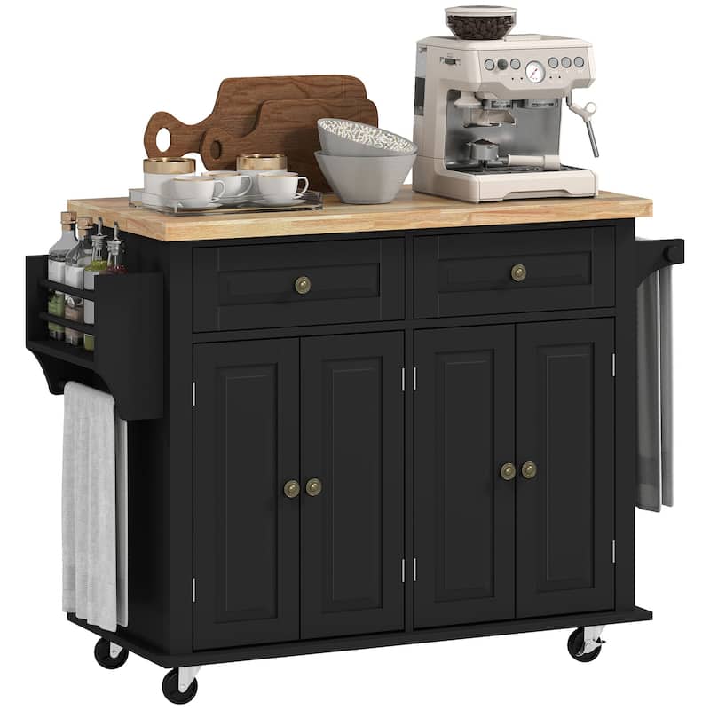 HOMCOM Rolling Kitchen Island Cart with Rubber Wood Top, Spice Rack, Towel Rack & Drawers for Dining Room