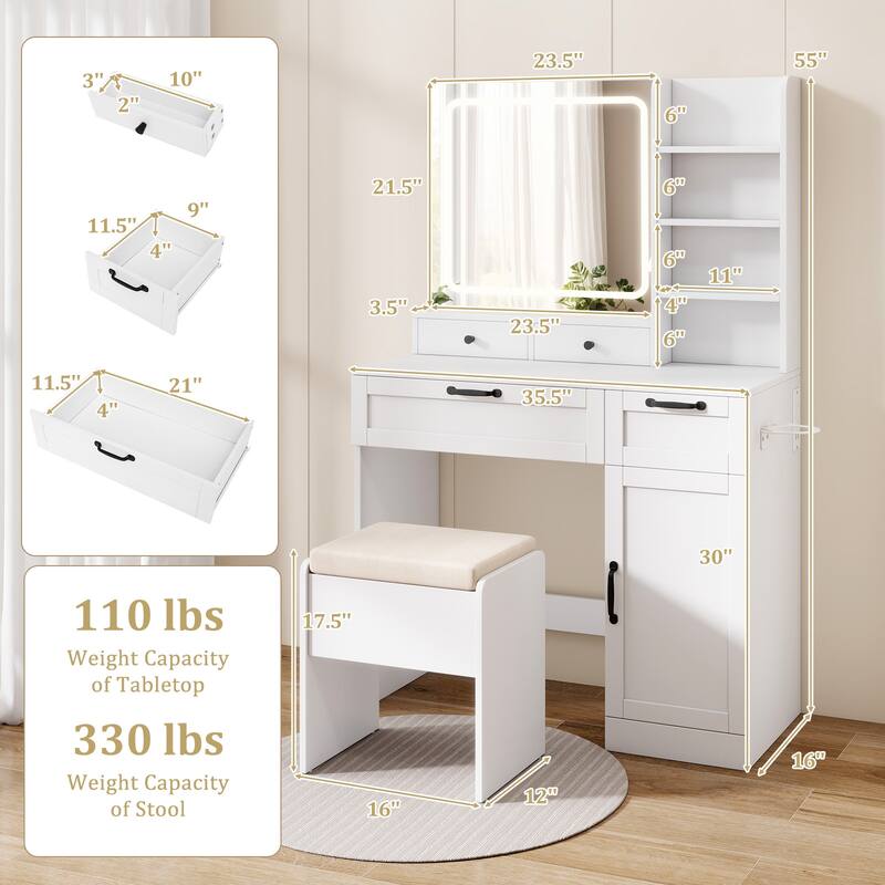 Gymax Vanity Set w/Cushioned Stool Makeup Table w/Adjustable Lighting