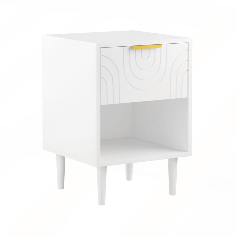 Modern White Nightstand with Spacious Drawer and Gold-Accented Handle for Elegant Bedroom Decor