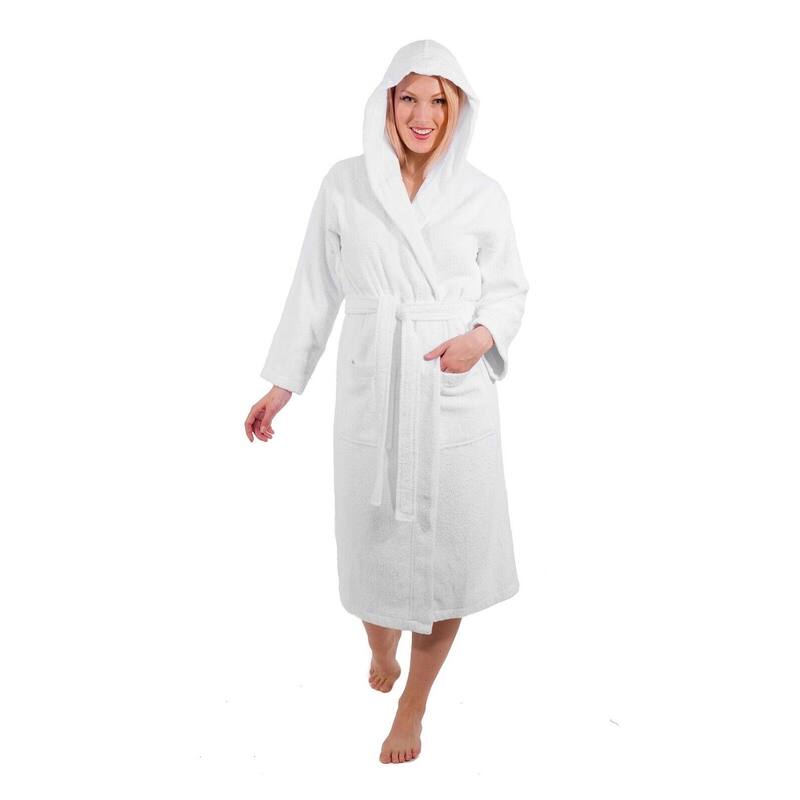 Classic Turkish Cotton Kimono Terry Cloth Bathrobe - White Hooded Robes with 2 pockets