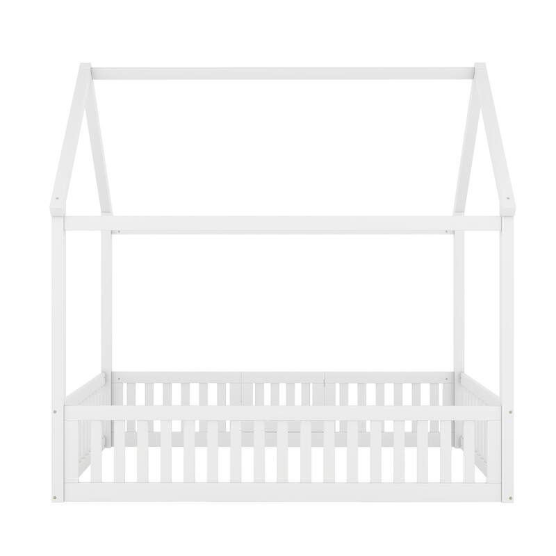 Full Size White Wood House Bed with Fence and Door for Kids