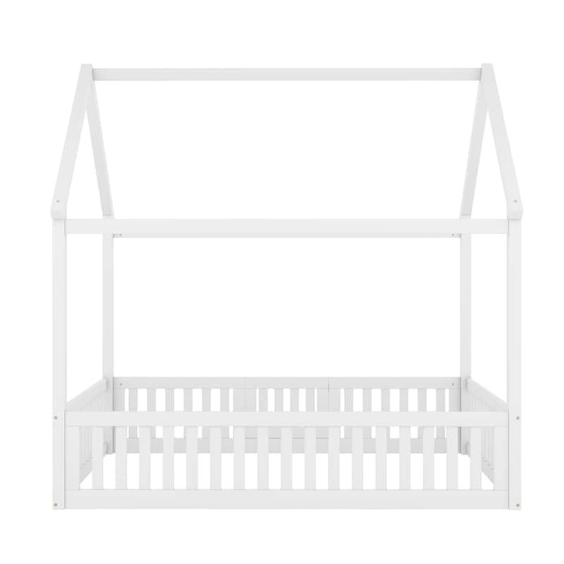 Full Size Wood House bed with Fence and Door, White