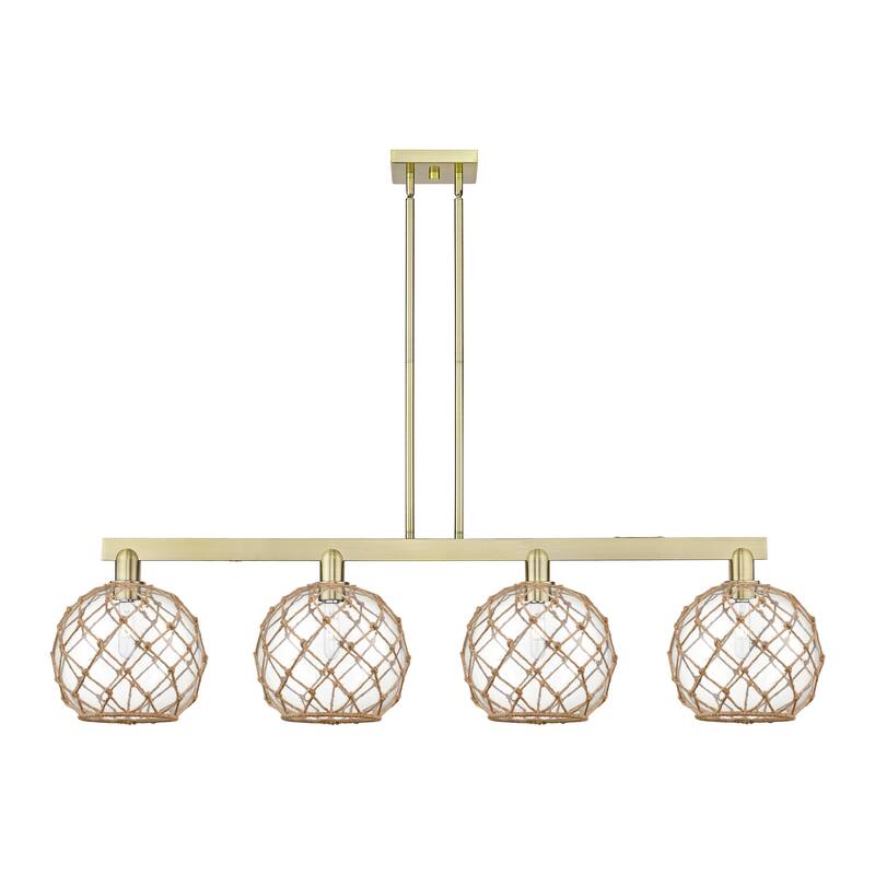 Innovations Lighting Endless Possibilities Arcadia - Farmhouse Rope - 4 Light 53" Stem Hung Island Light - Antique Brass/Clear Glass with Brown Rope