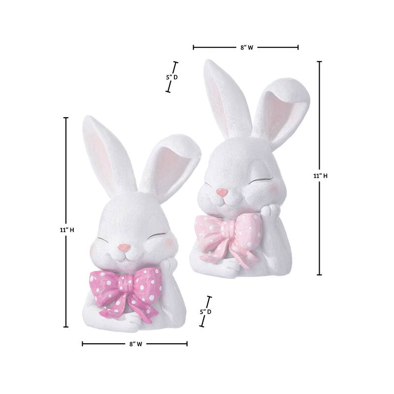 11" Resin Bunny With Polka Dot Bowtie Set of 2
