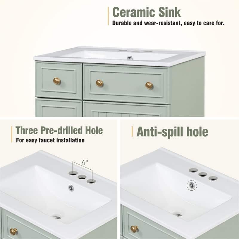 24'' Bathroom Vanity with Ceramic Sink Top, Freestanding Bathroom Vanity Cabinet with 1 Soft Close Door and 2 Storage Drawers