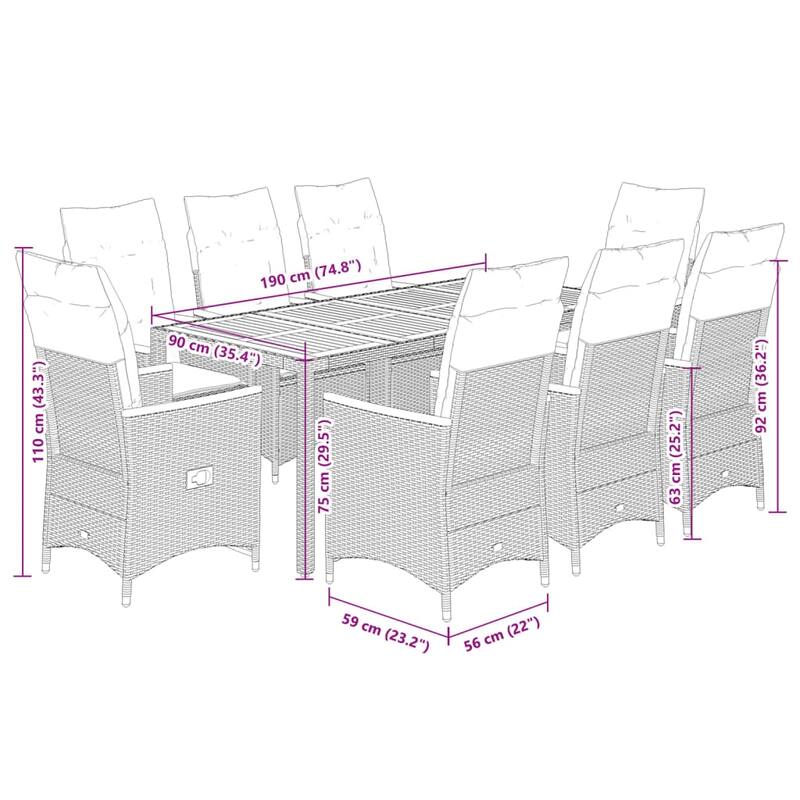 vidaXL Garden Dining Set Black PE rattan 8-seater Adjustable Armrests - 23.2 x 22.0 x 36.2 in