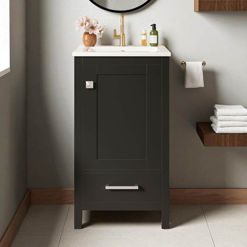 18" Small Bathroom Vanity with Ceramic Sink, Freestanding Storage Cabinet with Soft Close Drawer and Door, Adjustable Shelf - Black