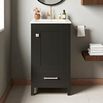 18" Small Bathroom Vanity with Ceramic Sink, Freestanding Storage Cabinet with Soft Close Drawer and Door, Adjustable Shelf