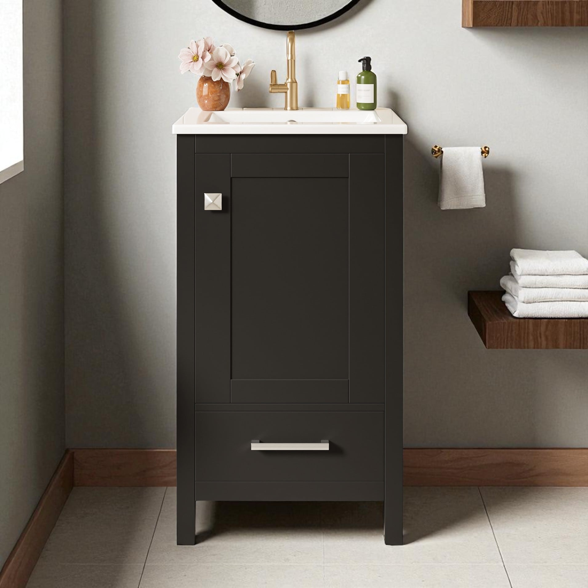 18" Small Bathroom Vanity with Ceramic Sink, Freestanding Storage Cabinet with Soft Close Drawer and Door, Adjustable Shelf