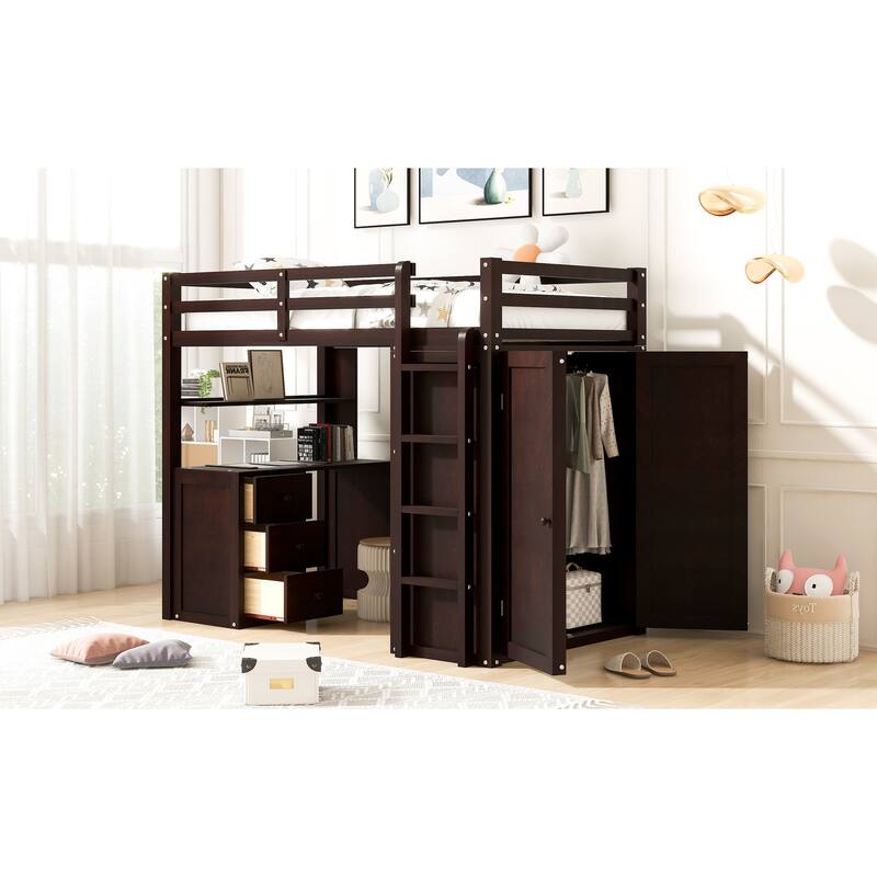 Compact Twin Loft Bed with Drawers, Desk, and Wardrobe in Espresso