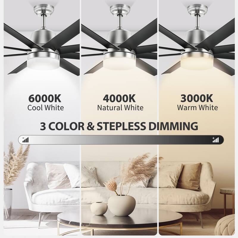 Moasis 60-inch 8 Blades Ceiling Fans with Lights and Remote,Dimmable LED 3 Color - 60"