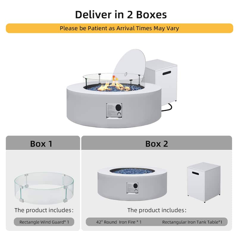 Patio Watcher Outdoor 42in./56in. Iron Fire Pit Table with Propane Tank Cover and Glass Wind Guard