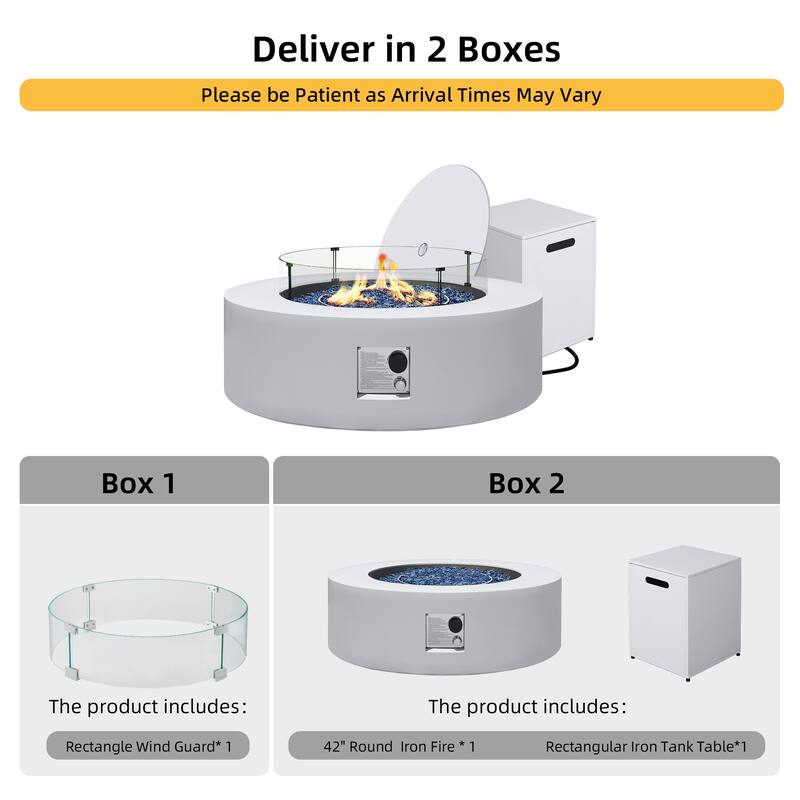 Patio Watcher Outdoor 42in. Iron Fire Pit Table with Propane Tank Cover and Glass Wind Guard