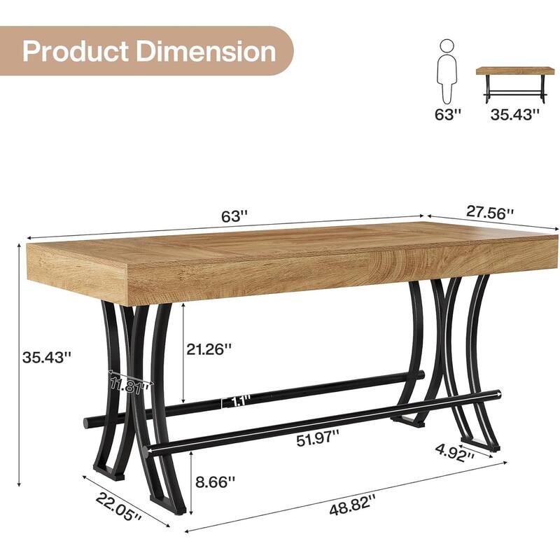 63 Inches Engineered Wood Bar Table, Rectangular Home Bar Unit with Metal Footrest