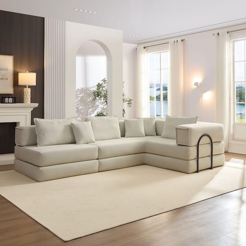 DIY Modular Corduroy L-Shaped Floor Sofa Set with 6 Pillows