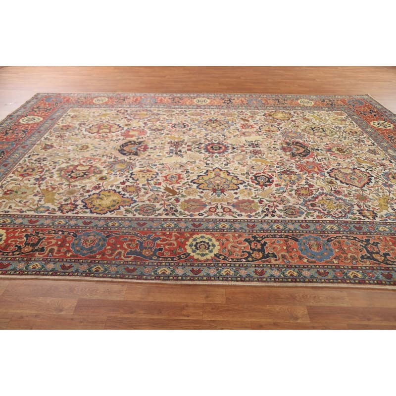 Signed Tabriz Persian Antique Area Rug Handmade Wool Carpet - 9'0" x 12'10"