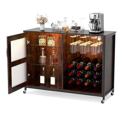 Rustic Brown Mobile Wine Cabinet with LED Lighting, Remote Control Glass Door and Sturdy Metal Frame - 42.5" × 16" × 32"